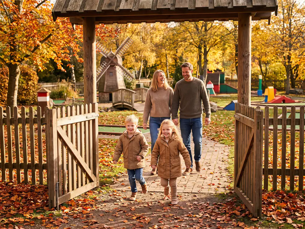 Two children run through an open gate onto an autumn adventure golf course, their parents following hand in hand
