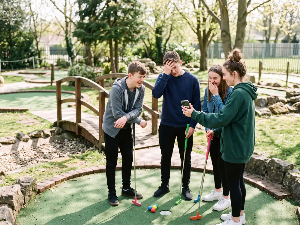 Four teenagers by the hole crowd round the phone one girl is holding: a boy holds his hand to his forehead while the others laugh, a little wooden bridge behind them