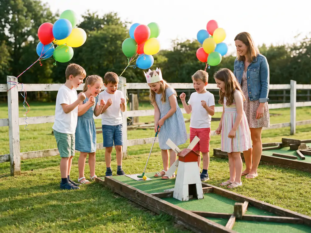 A birthday girl in a paper crown putts past a little white windmill while her friends cheer her on, with bunches of balloons tied to a white fence and a mum smiling beside them