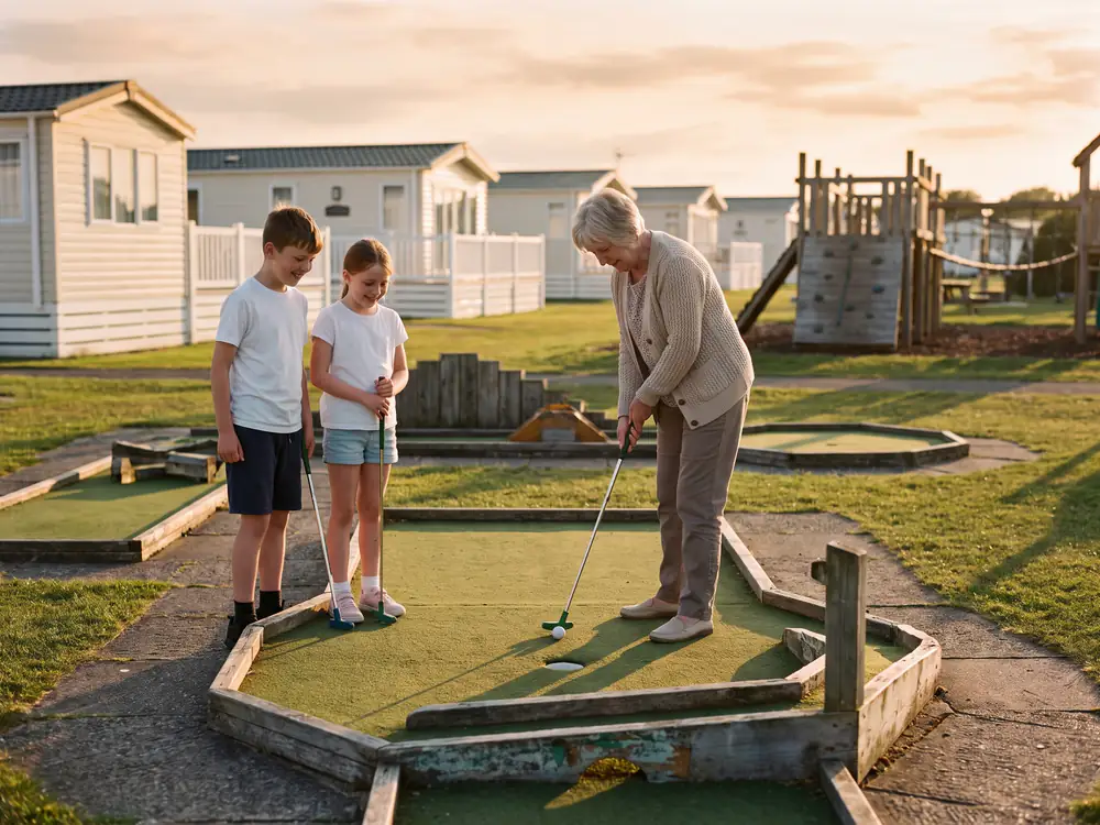 A grandmother lines up a putt while her two grandchildren watch, with holiday lodges and a play area behind in the evening sun