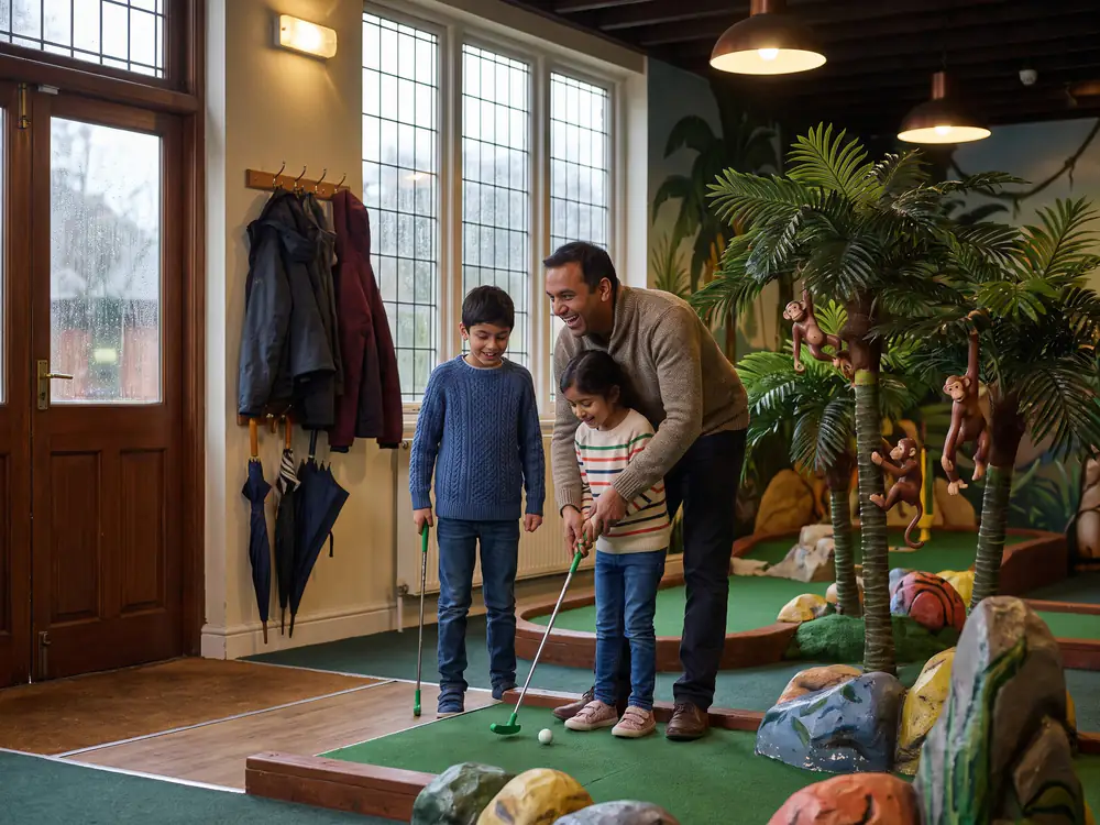 A dad helps his daughter putt on an indoor jungle course with toy monkeys in the palms, while her brother watches and rain runs down the windows