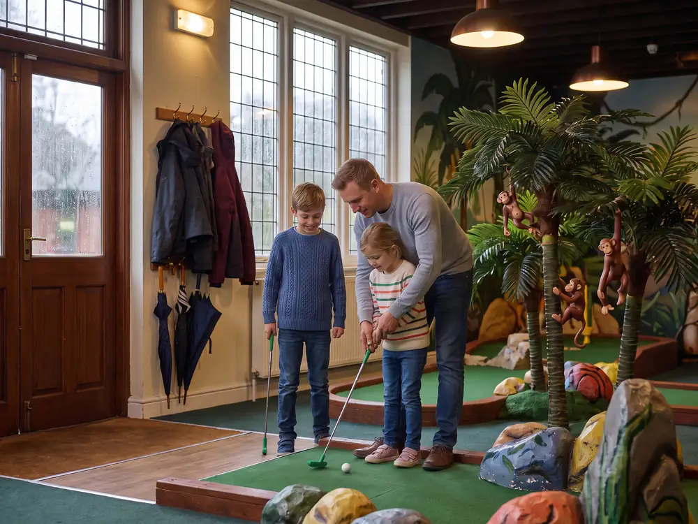 A dad helps his daughter putt on an indoor jungle course with toy monkeys climbing the palms, while her brother watches and rain runs down the glass of the door