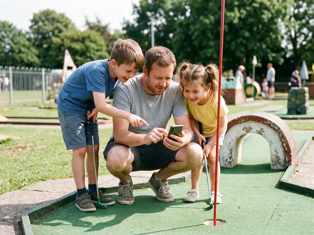 A dad crouches by the hole tapping in the scores on his phone, while his son points at the screen and his daughter leans in laughing
