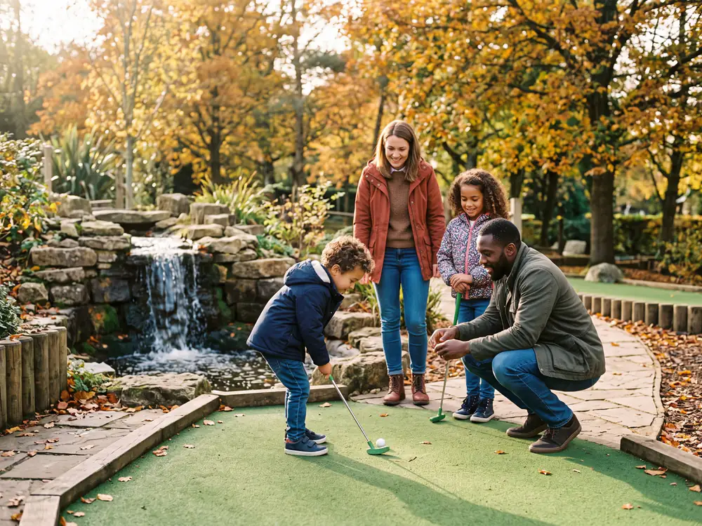 A family on an autumn course beside a small waterfall, the youngest about to putt with his dad crouched beside him