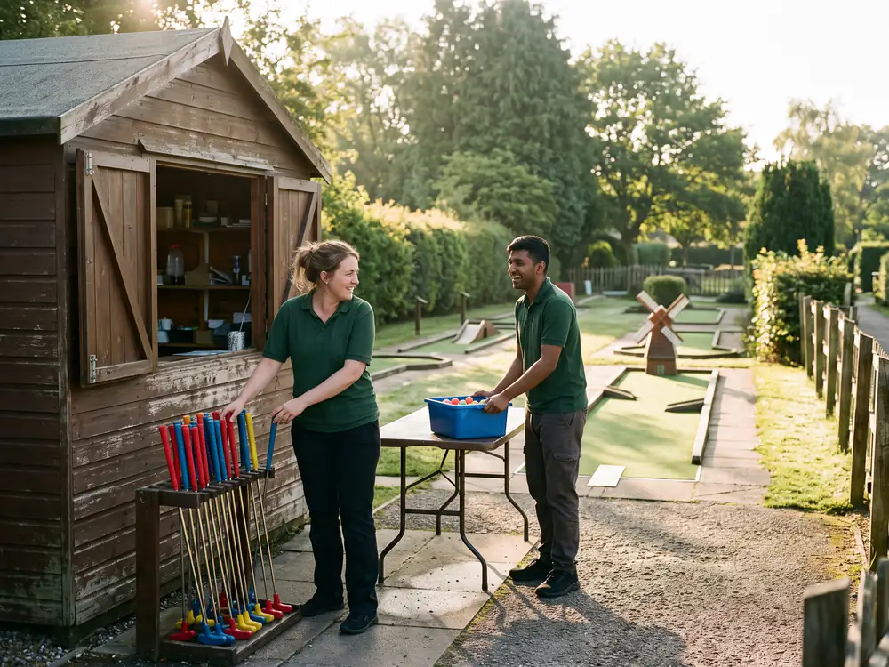 Two members of staff set out putters and balls outside the kiosk early in the morning, chatting and laughing