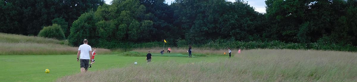 Players walking down the FootGolf fairway with footballs on the grass, and more of them on the Astroturf green by the yellow flag